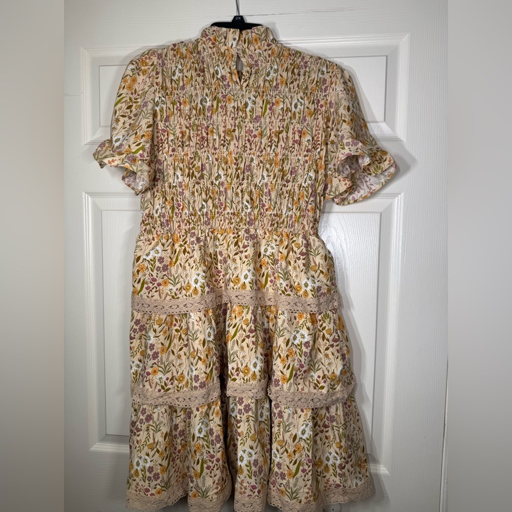 Simply Southern Preppy Tan Floral Field Smocked Dress‎ - Picture 3 of 7